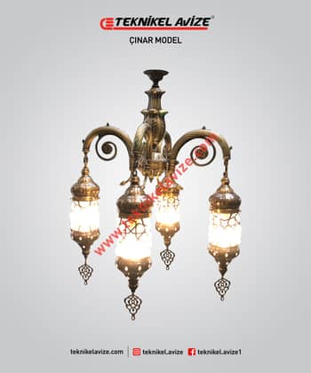 4 Kollu Üfleme Cam Üzeri Dekoratif Metal Kafesli Sarkıt Avize - Teknikel Chandelier