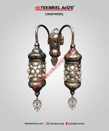 Çift Kollu Üfleme Cam Üzeri Dekoratif Metal Kafesli Duvar Aplik Avize - Teknikel Chandelier
