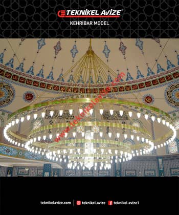 10 Mt Çap Dört Çemberli Ortası Kirstal Taşlı Sarkıt Cami Avize - Teknikel Chandelier