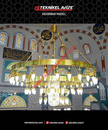 300 Cm Çap Üç Çemberli Ortası Kirstal Taşlı Sarkıt Cami Avize - Teknikel Chandelier