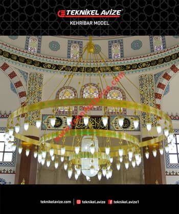 400 Cm Çap Üç Çemberli Ortası Kirstal Taşlı Sarkıt Cami Avize - Teknikel Chandelier