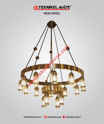 120 Cm Çap Çift Çemberli Üfleme Cam Üzeri Dekoratif Metal Kafesli Sarkıt Avize - Teknikel Chandelier