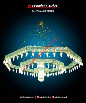 500 Cm Çap Üç Çemberli Geometrik Form Çember ; Iç-Dış-Alt Yüzeyi Selçuklu Dekoratif Geniş Kasalı Kasa Içi Led Strip Aydınlatma Kollu Sarkıt Avize - Teknikel Chandelier