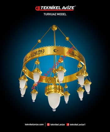 100 Cm Çap 1 Katlı Çember Dış Yüzey Ayetli Dar Kasalı Kasa Içi Led Strip Aydınlatmalı Sarkıt Kollu Avize - Teknikel Chandelier