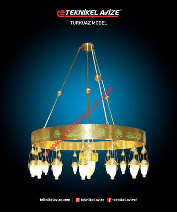 150 Cm Çap 1 Katlı Çember Dış Yüzey Ayetli Dar Kasalı Kasa Içi Led Strip Aydınlatmalı Sarkıt Kollu Avize - Teknikel Chandelier
