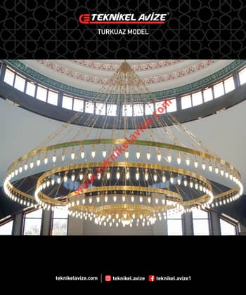 10 Mt Çap 4 Katlı Çember Dış Yüzey Ayetli Dar Kasalı Kasa Içi Led Strip Aydınlatmalı Sarkıt Kollu Avize - Teknikel Chandelier