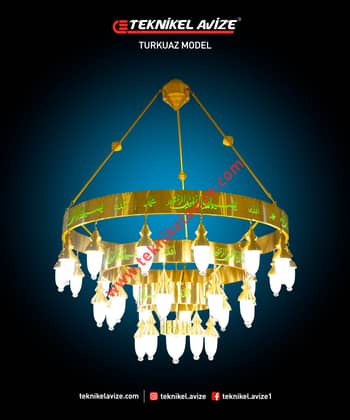 150 Cm Çap 3 Katlı Çember Dış Yüzey Ayetli Dar Kasalı Kasa Içi Led Strip Aydınlatmalı Sarkıt Kollu Avize - Teknikel Chandelier