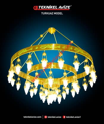200 Cm Çap 3 Katlı Çember Dış Yüzey Ayetli Dar Kasalı Kasa Içi Led Strip Aydınlatmalı Sarkıt Kollu Avize - Teknikel Chandelier
