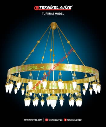 250 Cm Çap 2 Katlı Çember Dış Yüzey Ayetli Dar Kasalı Kasa Içi Led Strip Aydınlatmalı Sarkıt Kollu Avize - Teknikel Chandelier