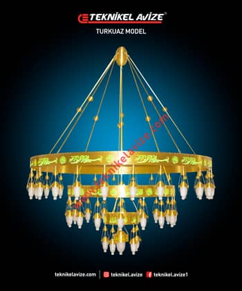 250 Cm Çap 3 Katlı Çember Dış Yüzey Ayetli Dar Kasalı Kasa Içi Led Strip Aydınlatmalı Sarkıt Kollu Avize - Teknikel Chandelier