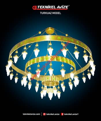 300 Cm Çap 3 Katlı Çember Dış Yüzey Ayetli Dar Kasalı Kasa Içi Led Strip Aydınlatmalı Sarkıt Kollu Avize - Teknikel Chandelier