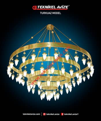 300 Cm Çap 4 Katlı Çember Dış Yüzey Ayetli Dar Kasalı Kasa Içi Led Strip Aydınlatmalı Sarkıt Kollu Avize - Teknikel Chandelier