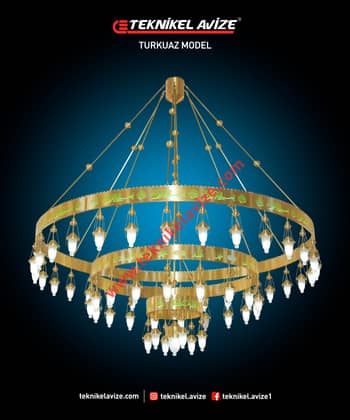 350 Cm Çap 3 Katlı Çember Dış Yüzey Ayetli Dar Kasalı Kasa Içi Led Strip Aydınlatmalı Sarkıt Kollu Avize - Teknikel Chandelier