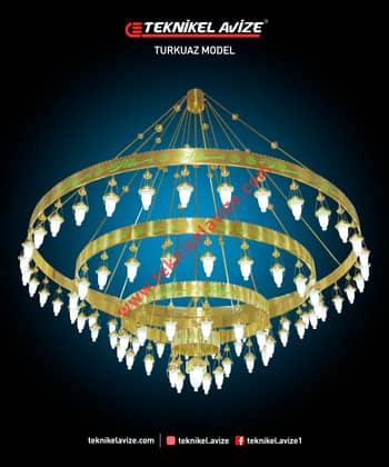 350 Cm Çap 4 Katlı Çember Dış Yüzey Ayetli Dar Kasalı Kasa Içi Led Strip Aydınlatmalı Sarkıt Kollu Avize - Teknikel Chandelier