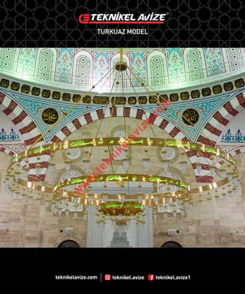 500 Cm Çap 3 Katlı Çember Dış Yüzey Ayetli Dar Kasalı Kasa Içi Led Strip Aydınlatmalı Sarkıt Kollu Avize - Teknikel Chandelier