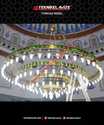 500 Cm Çap 4 Katlı Çember Dış Yüzey Ayetli Dar Kasalı Kasa Içi Led Strip Aydınlatmalı Sarkıt Kollu Avize - Teknikel Chandelier