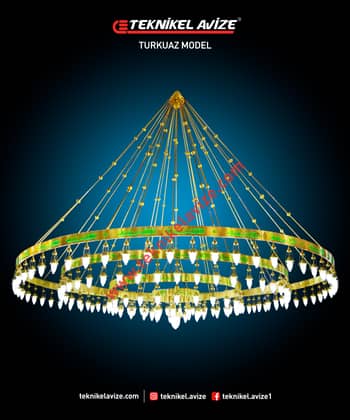 600 Cm Çap 4 Katlı Çember Dış Yüzey Ayetli Dar Kasalı Kasa Içi Led Strip Aydınlatmalı Sarkıt Kollu Avize - Teknikel Chandelier